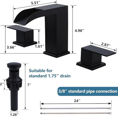 Black Bathroom Faucet 3 Hole, 8 Inch Widespread Waterfall Bathroom Sink Faucet, Matte Black Vanity Faucet with Pop-Up Drain and Hoses for Bathroom Sink Vanity Rv