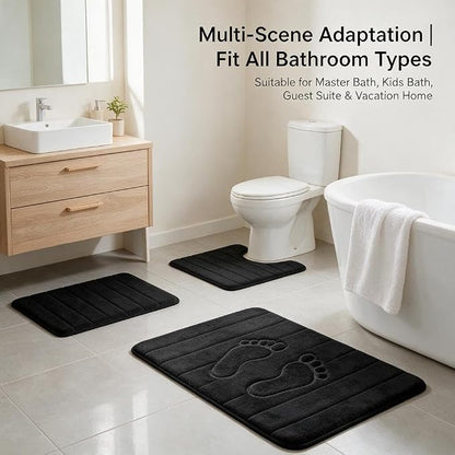 Bathroom Rugs Set Memory Foam Bath Rugs Non-Slip Bath Mat Set 3 Piece,Washable Bathroom Mats,Absorbent Shaggy Rugs Super Soft U-Shaped Toilet Rug,Bahroom Carpets for Bathroom,Tub,Shower（Black）