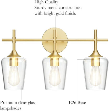Ralbay Gold Bathroom Vanity Light 3-Lights Vintage Gold Vanity Lights Wall Lighting Clear Glass Gold Bathroom Light Fixtures Over Mirror