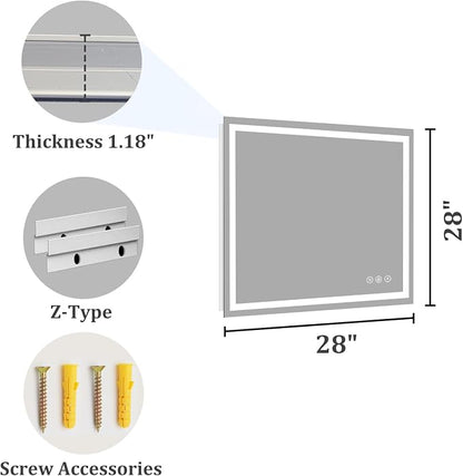 Koonmi 28x28 LED Bathroom Mirror with Light, Anti-Fog, 3 Colors | Backlit + Front Lit, Dimmable Brightness, Shatterproof HD Distortion-Free Tempered Glass, Hardware Included