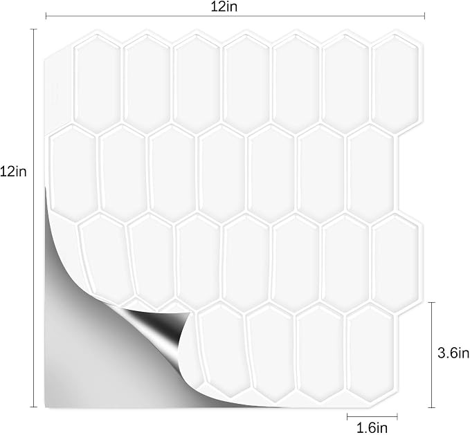 10-Sheet Long Hexagon Peel and Stick Kitchen Backsplash Tiles | 3D Waterproof Self-Adhesive Wall Tile Stick on Backsplash for Kitchen, Bathroom, Fireplace,RV(White,12"×12")