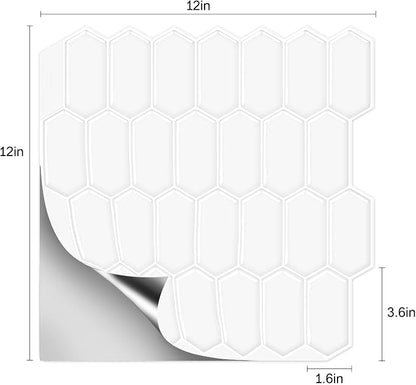10-Sheet Long Hexagon Peel and Stick Kitchen Backsplash Tiles | 3D Waterproof Self-Adhesive Wall Tile Stick on Backsplash for Kitchen, Bathroom, Fireplace,RV(White,12"×12")