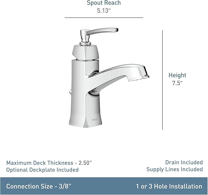 Moen Conway Chrome One-Handle Single Hole or Centerset Bathroom Faucet with Drain Assembly, WS84923