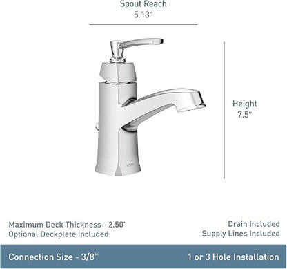 Moen Conway Chrome One-Handle Single Hole or Centerset Bathroom Faucet with Drain Assembly, WS84923