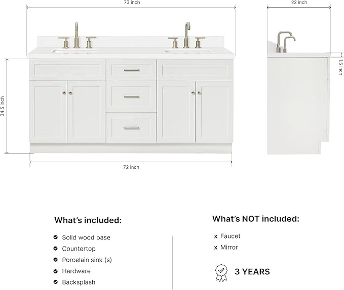 DKB Bradford 72 Inch Bathroom Vanity Double Sink — White Bathroom Vanity with Sink, 1.5" Edge Pure White Quartz Countertop & Backsplash, 4 Soft-Close Doors, and 3 Dovetail Drawers