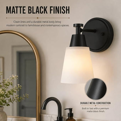 Wall Light Fixtures 2 Pack, Matte Black Vanity Lights with Milk Glass Shades, Modern Farmhouse Wall Sconces for Gallery, Mirror, Bedroom, and Bathroom