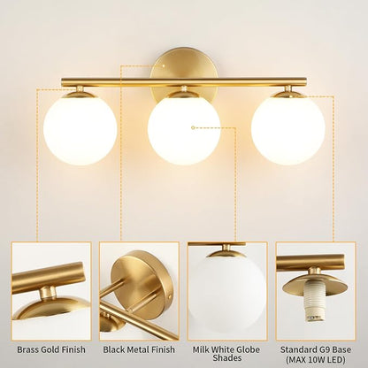 foucasal Gold 3-Light Globe Bathroom Vanity Light Fixture Over Mirror | G9 Socket, Plastic Milk Globe Shades, 4.72" Base, 10W Max, Adjustable Up/Down Light, Mid Century Style for Bathroom Bedroom