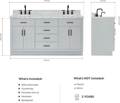 ARIEL Hepburn 66-inch Bathroom Vanity with Sink,Solid Wood, 1.5-inch Italian Carrara Marble Countertop & Backsplash, Double Oval Porcelain Sink, 4 Soft Closing Doors, 6 Dovetail Drawers, Grey