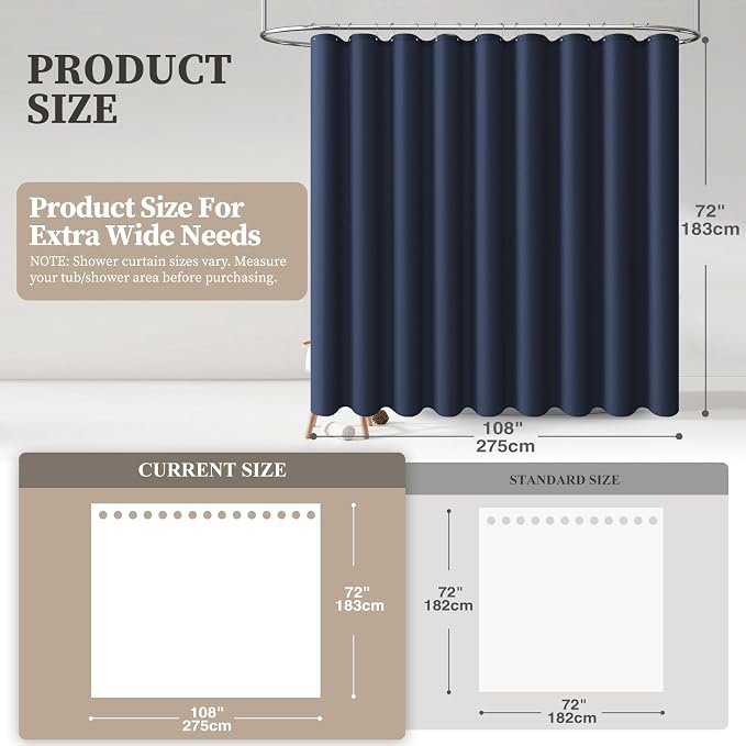 108x72 Linen Textured Waterproof Cloth Shower Curtain Set, Navy Blue | Extra Wide Size, 230GSM Polyester, Heavy Duty Fabric, Weighted Hem, 18 Plastic Hooks, Modern Hotel Style, Machine Washable