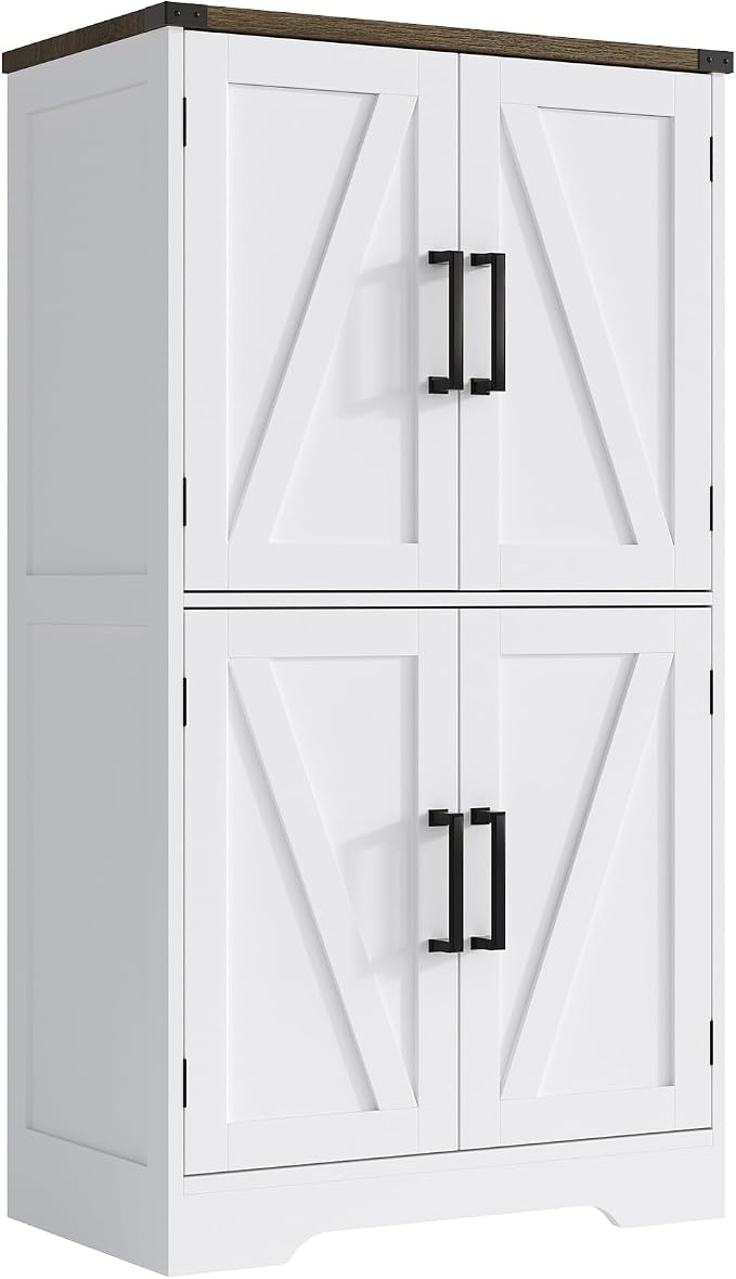 Treocho Farmhouse Bathroom Floor Cabinet with Adjustable Shelves | 13.78"D x 23.62"W x 43.46"H, Freestanding Kitchen Pantry Cabinet, Cupboard for Living Room, Dining Room, White