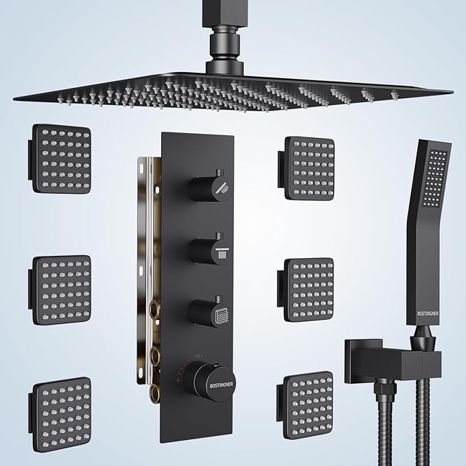 Shower System with Body Jets, 16 inch Ceiling Rainfall Showe Jets System with Handheld Multiple Shower Head System(Can All Run One Time) Thermostatic Shower System with Valve and Trim