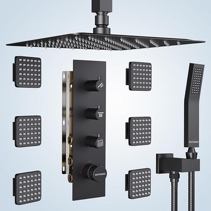 Shower System with Body Jets, 16 inch Ceiling Rainfall Showe Jets System with Handheld Multiple Shower Head System(Can All Run One Time) Thermostatic Shower System with Valve and Trim
