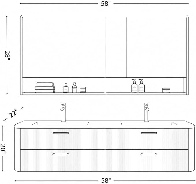 58 in Double Bathroom Vanity with Sinks - Modern Floating Bathroom Vanity with Solid Wood Cabinet, Anti-Fog Mirror and Integrated Stone Sinks | Wall Mounted Design | Ample Storage