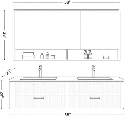 58 in Double Bathroom Vanity with Sinks - Modern Floating Bathroom Vanity with Solid Wood Cabinet, Anti-Fog Mirror and Integrated Stone Sinks | Wall Mounted Design | Ample Storage