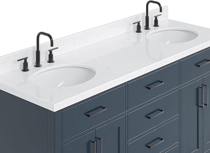 ARIEL Hepburn 66-inch Bathroom Vanity with Sink,Solid Wood, 1.5-inch Carrara White Quartz Countertop, Double Oval Porcelain Sink, 4 Soft Closing Doors, 6 Dovetail Drawers, Midnight Blue