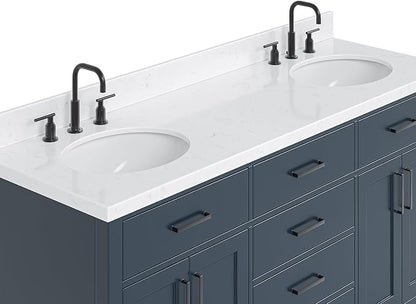 ARIEL Hepburn 66-inch Bathroom Vanity with Sink,Solid Wood, 1.5-inch Carrara White Quartz Countertop, Double Oval Porcelain Sink, 4 Soft Closing Doors, 6 Dovetail Drawers, Midnight Blue