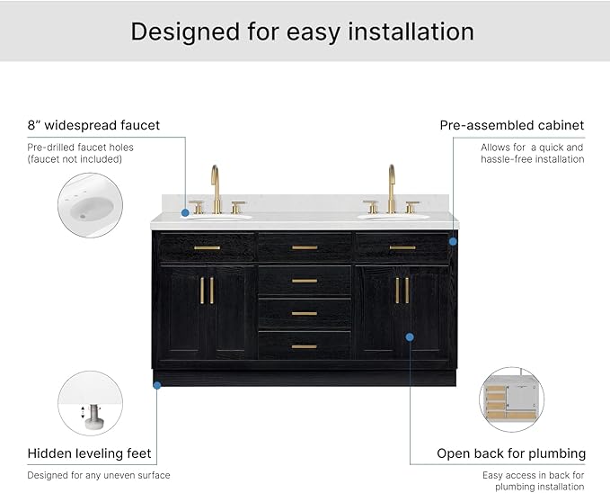 ARIEL Hepburn 66-inch Bathroom Vanity with Sink,Solid Wood, 1.5-inch Carrara White Quartz Countertop & Backsplash, Double Oval Porcelain Sink, 4 Soft Closing Doors, 6 Dovetail Drawers, Black Oak