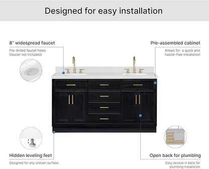 ARIEL Hepburn 66-inch Bathroom Vanity with Sink,Solid Wood, 1.5-inch Carrara White Quartz Countertop & Backsplash, Double Oval Porcelain Sink, 4 Soft Closing Doors, 6 Dovetail Drawers, Black Oak