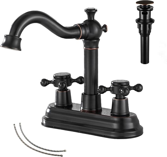 Bathroom Faucet Oil Rubbed Bronze GGStudy 2 Handles 4 Inches Centerset Bathroom Vanity with Drain Assembly and Supply Hose Lavatory Mixer Double Handle Tap