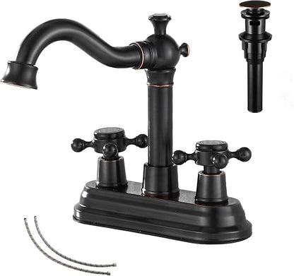 Bathroom Faucet Oil Rubbed Bronze GGStudy 2 Handles 4 Inches Centerset Bathroom Vanity with Drain Assembly and Supply Hose Lavatory Mixer Double Handle Tap