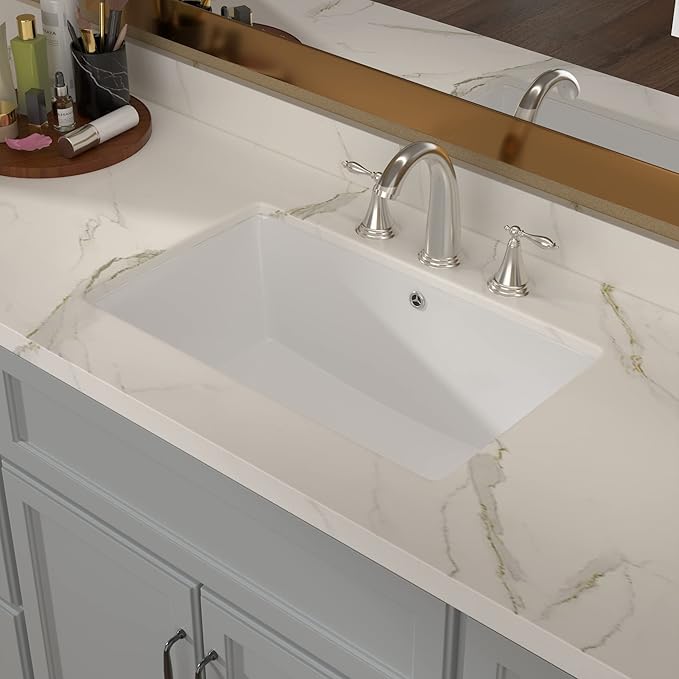 Lordear Undermount Rectangle White Porcelain Ceramic Bathroom Vanity Sink 20x15 Inch with Overflow