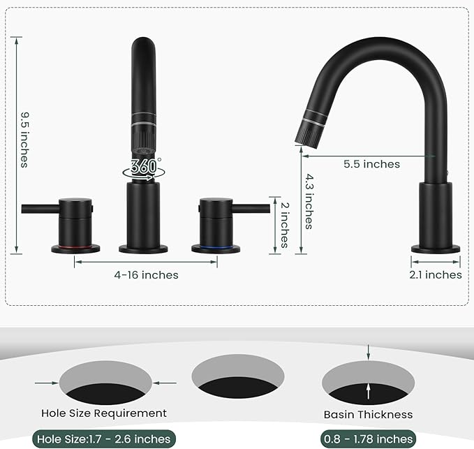 Pull Down Bathroom Faucet for Sink 3 Hole,8 inch Widespread Matte Black Bathroom Sink Faucet with Pop Up Drain, Water Supply Hoses
