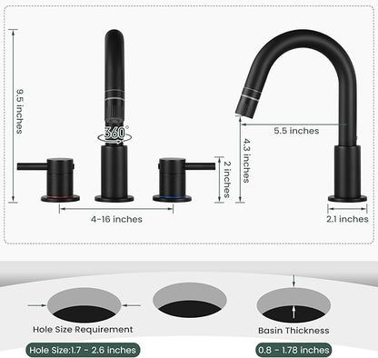Pull Down Bathroom Faucet for Sink 3 Hole,8 inch Widespread Matte Black Bathroom Sink Faucet with Pop Up Drain, Water Supply Hoses