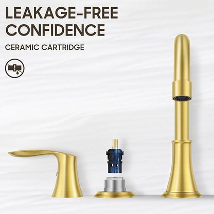 Phiestina Brushed Gold Widespread 8 Inch 3 Holes Bathroom Faucet，2 Handles Modern Bathroom Sink Faucet with Metal Pop-Up Drain & Water Supply Line, WFTY36-BG