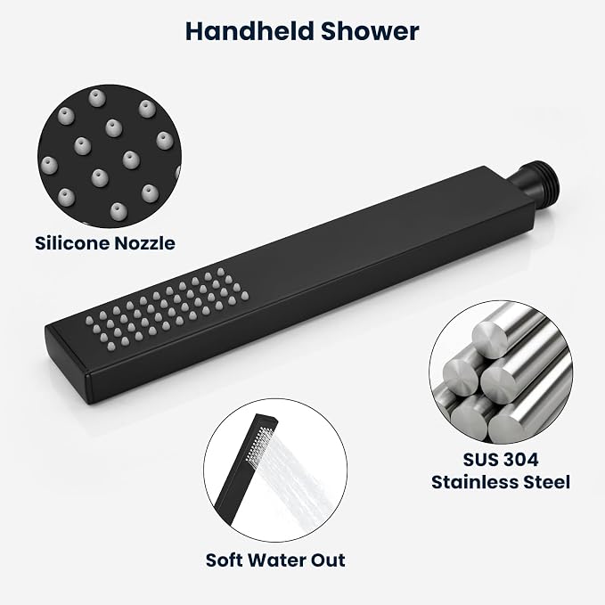 gotonovo Rainfall Shower System with Full Body Jets 6pcs Matte Black | 12’’ Rainfall Shower Head with Handheld Spray Combo,Wall Mount,Rough-in Valve and Trim Kit,Brass Body Message Jets,All Metal