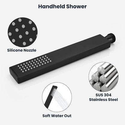 gotonovo Rainfall Shower System with Full Body Jets 6pcs Matte Black | 12’’ Rainfall Shower Head with Handheld Spray Combo,Wall Mount,Rough-in Valve and Trim Kit,Brass Body Message Jets,All Metal