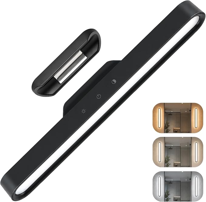 Mirror Light Bar, 2600mAh Rechargeable LED Stick on Vanity Lights for Mirror, 3 Color Modes Stepless Dimming Makeup Lights, Magnetic Wireless LED Lights for Bathroom Mirror, Closet(Black)