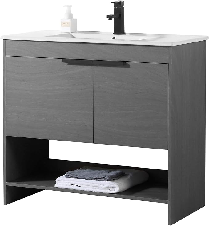 Phoenix 36 Inch Bathroom Vanity with Sink – Modern Design, Soft-Close Doors, Storage Drawers, Durable Build – Classic Grey Vanity for Small Bathrooms (Full Assembly Required)