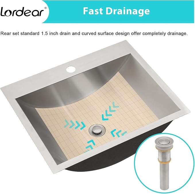 Lordear Stainless Steel Bathroom Sink 20x17 Inch Rectangular 304 Stainless Steel Vanity Topmount Lavatory Sink, Modern Drop In Bathroom Basin with Pop Up Drain Assembly