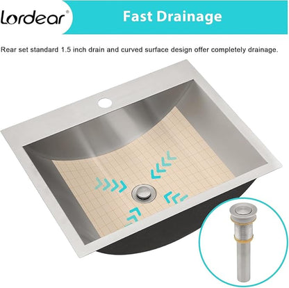 Lordear Stainless Steel Bathroom Sink 20x17 Inch Rectangular 304 Stainless Steel Vanity Topmount Lavatory Sink, Modern Drop In Bathroom Basin with Pop Up Drain Assembly
