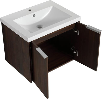 Henf 24inch Floating Bathroom Vanity Cabinet with Sink Combo, Modern Wall Mounted Solid Wood Cabinet with White Gel Basin Sink Bathroom Storage Cabinet with 2 Soft Close Doors