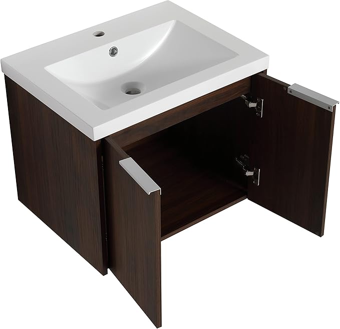 SSLine Wall Mounted Bathroom Vanity with Sink Combo Modern 24-Inch Single Bathroom Vanity Set with Top Basin &Storage Cabinet Wood Hanging Bath Cabinet w/Resin Sink for Small Space(Dark Walnut)