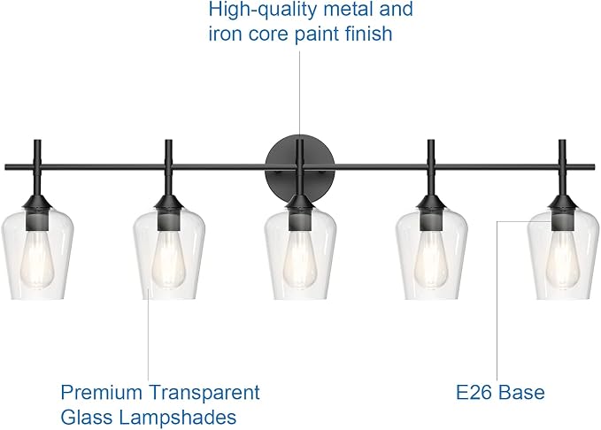 Ralbay Vintage Black Bathroom Vanity Light 5-Lights Industrial Matte Black Finish with Clear Glass Vanity Lights Farmhouse Bathroom Lighting fixtures