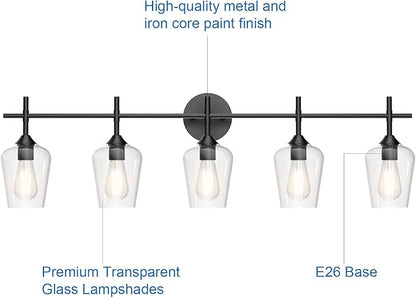 Ralbay Vintage Black Bathroom Vanity Light 5-Lights Industrial Matte Black Finish with Clear Glass Vanity Lights Farmhouse Bathroom Lighting fixtures