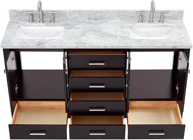 Beckford 66" Espresso Double Bathroom Vanity with 1.5" Italian Carrara Marble Countertop, 2 Rectangular Undermount Sinks, 4 Soft Closing Shaker Doors, 6 Dovetail Drawers