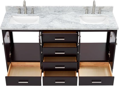 Beckford 66" Espresso Double Bathroom Vanity with 1.5" Italian Carrara Marble Countertop, 2 Rectangular Undermount Sinks, 4 Soft Closing Shaker Doors, 6 Dovetail Drawers