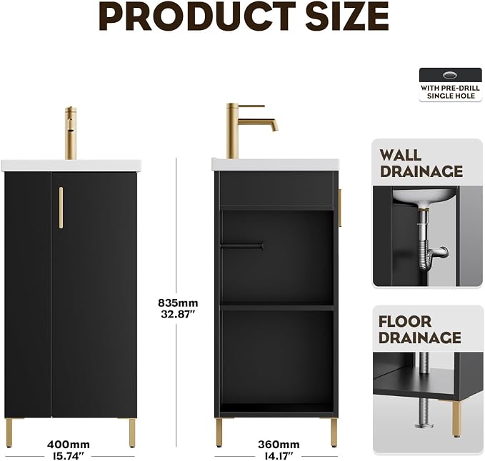 Pre-Assembled 16 Inch Black Small Bathroom Vanity, Freestanding Bathroom Cabinet with Ceramic Sink, Soft-Close Door, Left Side Storage, No Faucet, BV05-16-PUREBLACK-PLUS