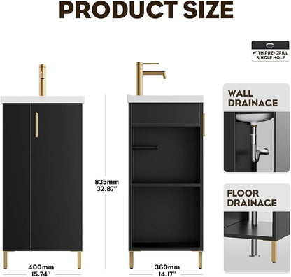 Pre-Assembled 16 Inch Black Small Bathroom Vanity, Freestanding Bathroom Cabinet with Ceramic Sink, Soft-Close Door, Left Side Storage, No Faucet, BV05-16-PUREBLACK-PLUS