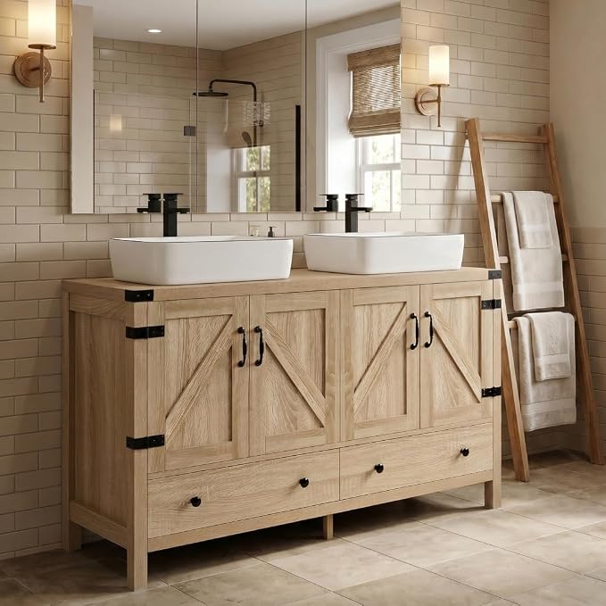 48 Inch Natural Color Bathroom Vanity, Rustic Fixture Standing Pedestal Cabinet Without Sink