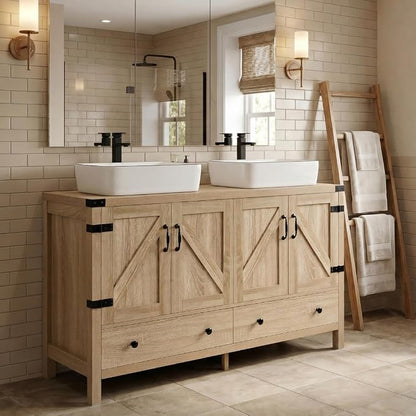 48 inch Natural Color Bathroom Vanity, Rustic Fixture Standing Pedestal Cabinet with Two White Ceramic Vessel Sinks