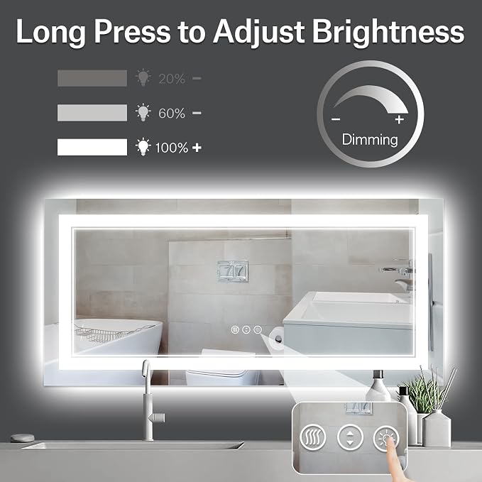 60x28 Inch LED Bathroom Mirror with Lights | Front and Backlit, 3 Colors, Dimmable, Memory, Anti Fog, Shatterproof, Horizontal/Vertical, Lighted Mirrors for Bathroom Wall