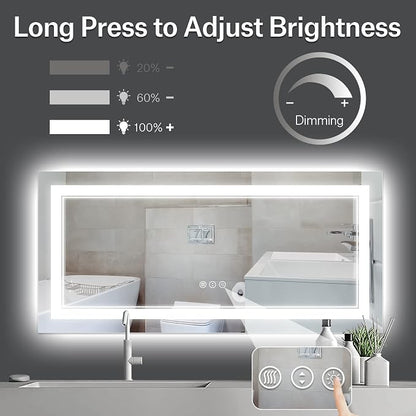 60x28 Inch LED Bathroom Mirror with Lights | Front and Backlit, 3 Colors, Dimmable, Memory, Anti Fog, Shatterproof, Horizontal/Vertical, Lighted Mirrors for Bathroom Wall