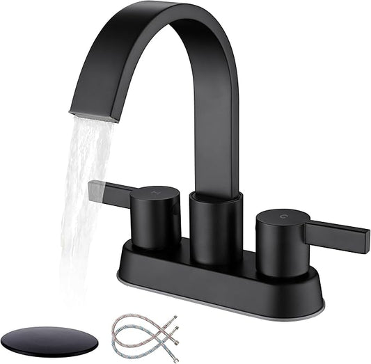 Matte Black Bathroom Faucets for Sink 3 Hole, 4 Inch Centerset Waterfall Faucet Bathroom Sink Faucet with Pop-up Drain and 2 Supply Hose, SUS304 2 Handle Faucet for Bathroom Sink, SE-0048-BK