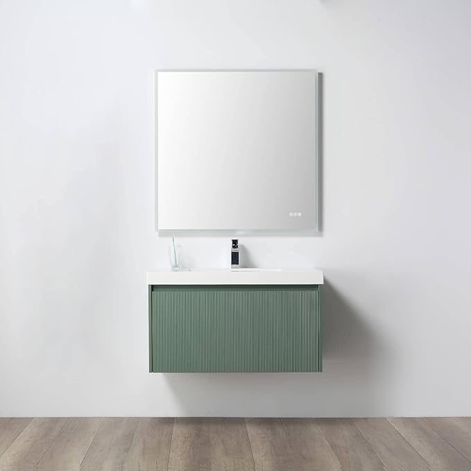 Blossom 36 Inch Bathroom Vanity with Sink, All Wood Wall Mounted Floating Bathroom Vanity Cabinet with Acrylic Sink, Bathroom Sink Cabinet w/Soft-Close Drawer, Modern Style Vanities, Aventurine Green