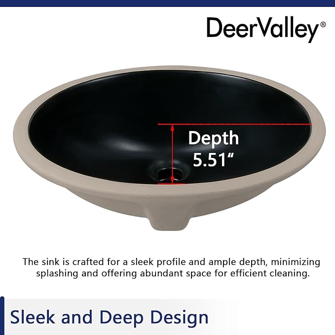 DeerValley DV-1U303B Black Undermount Bathroom Sink 18'' x 15'' Oval Ceramic Sink Bathroom Vessel Sink with Overflow Hole