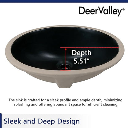 DeerValley DV-1U303B Black Undermount Bathroom Sink 18'' x 15'' Oval Ceramic Sink Bathroom Vessel Sink with Overflow Hole